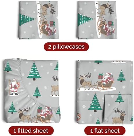 Christmas Sheet Set, Santa’s Sleigh, Holiday Xmas Bedding Set - Queen Size