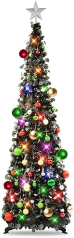 N&T NIETING Pop Up Black Tinsel Christmas Tree, 5Ft Collapsible with Lights & 30 Balls, Skinny Christmas Tree Decor for Holiday Xmas Home Office