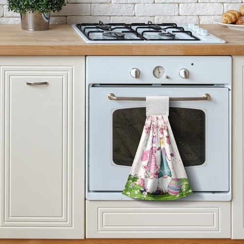 Easter Gnome Kitchen Hanging Towels Set of 2 Spring Easter Bunny Eggs Flowers Bath Hand Towels with Hanging Loops Tea Bar Dish Cloths Dry Towel Soft Absorbent Fingertip Tie Towel for Bathroom