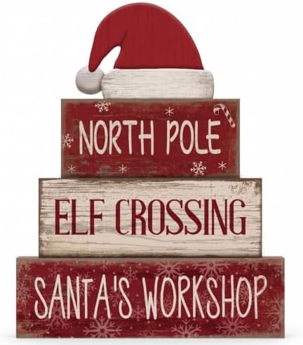 Moucuny 4 Pcs Christmas Elf Table Decorations Wooden Santa Hat Block Signs