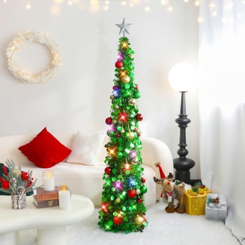 N&T NIETING Pop Up Christmas Tree with Lights & 30 Balls, 5Ft Collapsible Green Tinsel Christmas Tree Decoration for Holiday Xmas Home Office Decor