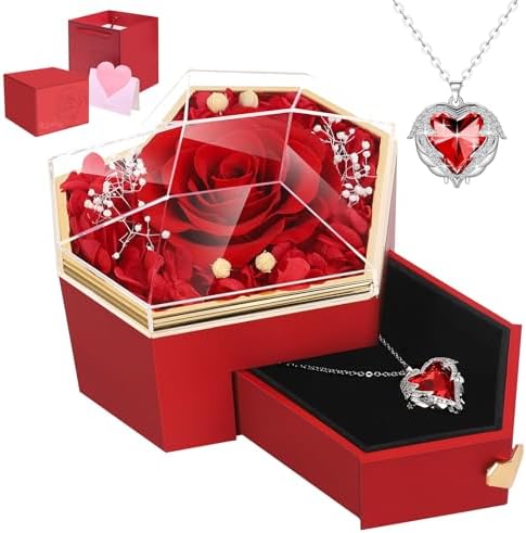 Preserved Red Real Rose with Necklace Forever Flowers Diamond Shaped Box for Mom Wife Girlfriend Grandma on Mothers Day Birthday Valentines Christmas Anniversary Beatiful Gifts for Women…
