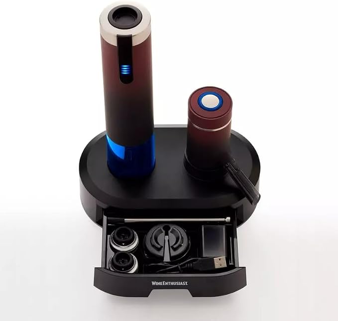 Wine Enthusiast Electric Blue Omega All-In-One Automatic Wine Opener & Preserver Set - Fully Electric Corkscrew with Charging Station & Accessories – Aerate Wines & Seal Bottles, 7 Piece Set (Ombre)