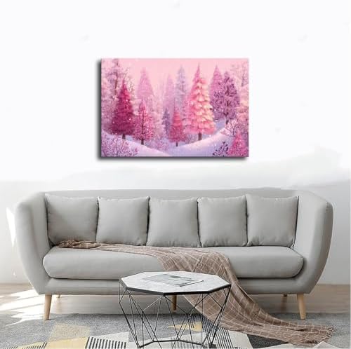 JDBeehpy Snowy Wall Art Pink Pine Forest Canvas Prints Unframed 12x18inch