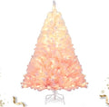 HAPPYGRILL 5 FT Pre-lit Flocked Christmas Tree Pink Hinged Xmas Tree with 456 Branch Tips, 180 Warm White LED Lights & Folding Metal Stand, for Home Office Carnival