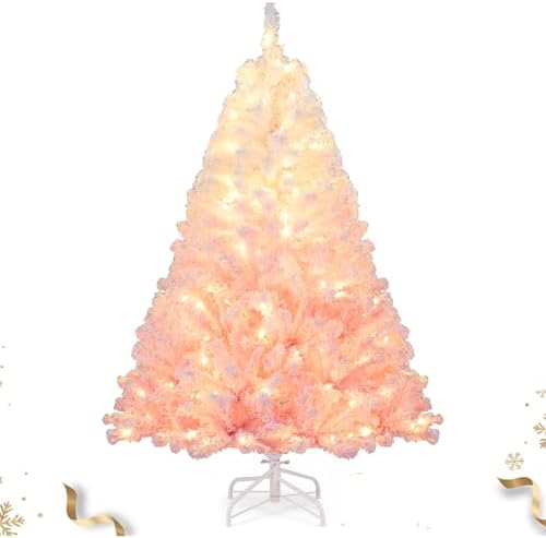 HAPPYGRILL 5 FT Pre-lit Flocked Christmas Tree Pink Hinged Xmas Tree with 456 Branch Tips, 180 Warm White LED Lights & Folding Metal Stand, for Home Office Carnival