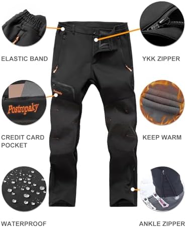 Postropaky Mens Hiking Snow Ski Pants Waterproof Outdoor Insulated Softshell Pants Snowboard Zipper Bottom Leg