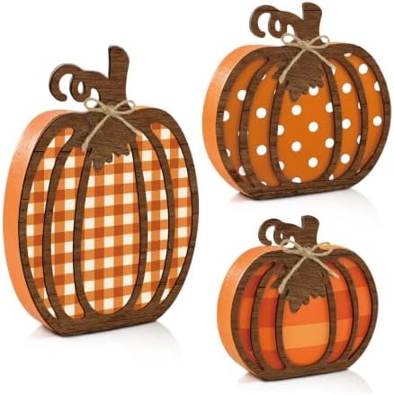 3 Pcs Fall Pumpkin Decor, Wooden Autumn Fall Decorations for Home