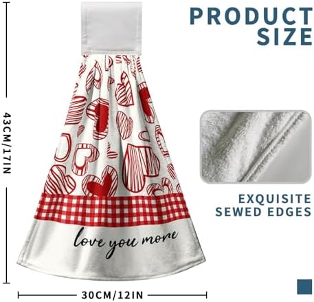 Valentines Day Hanging Kitchen Towels Set of 2 Valentine Red Heart Buffalo Plaid Hand Towels with Hanging Loops Seasonal Sweet Holiday Fingertip Oven Towels hanging Soft Absorbent Bar Tie Towel