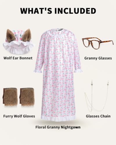 Big Bad Wolf Costume Adult, 5-Piece Granny Wolf Outfit for Men and Women