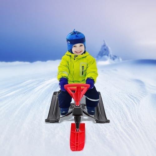 Snow Racer Sled with Steering Wheel, Ski Sled Slider Board with Twin Brakes and Pull Rope, Snow Bike Sled for Kids Age 4 and Up, Outdoor Winter Toboggan with Iron Frame, 165 Lbs Weight Capacity