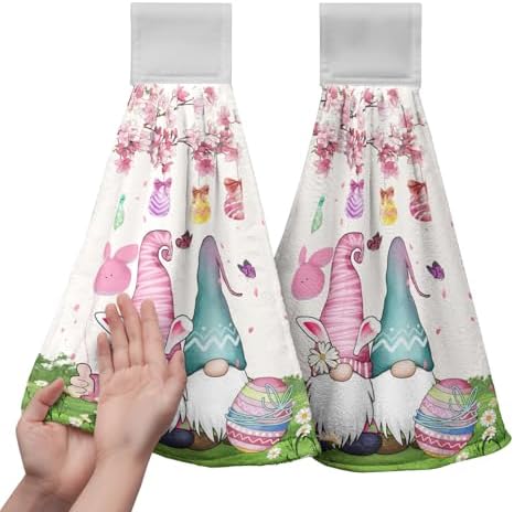 Easter Gnome Kitchen Hanging Towels Set of 2 Spring Easter Bunny Eggs Flowers Bath Hand Towels with Hanging Loops Tea Bar Dish Cloths Dry Towel Soft Absorbent Fingertip Tie Towel for Bathroom