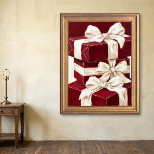 Framed Canvas Wall Art Painterly Gift Boxes Deep Red Wrapping with Thick White Ribbons Canvas Print Poster Gold Frame Wall Decor for Dining Room and Living Room Festive Art, Holiday Decor - Inch 8x10