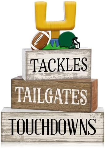 Lineshading 4 Pcs Fall Football Table Decor, Wood Block Sign Home Shelf