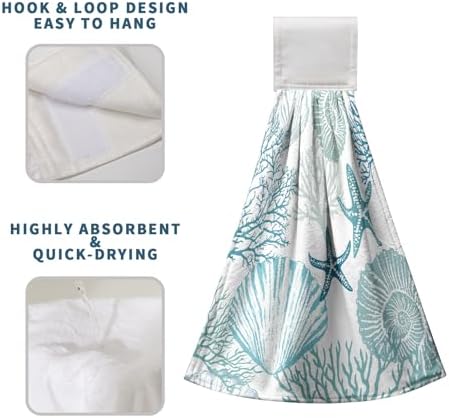 2 Pcs Nautical Coastal Hanging Hand Towels with Loop Summer Beach Blue Starfish Seashell Coral Kitchen Tie Towels Turquoise Teal Fingertip Bath Towel Fast Drying Dish Washcloths