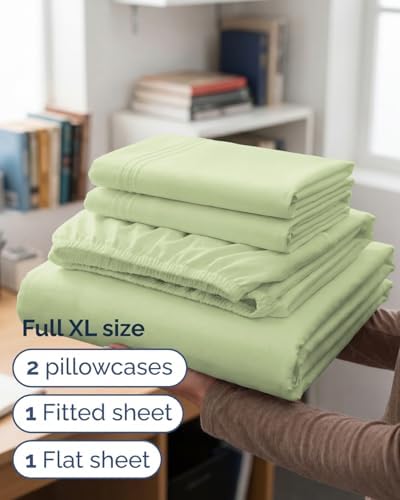 Full XL Sheets - 4 Piece Full XL Sheet Set - Breathable - Light Sage Green