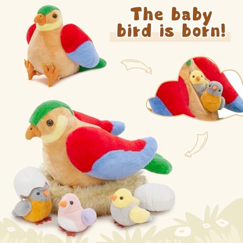 MorisMos Bird Stuffed Animals with Baby Birds, Eggs and Nest, Colorful
