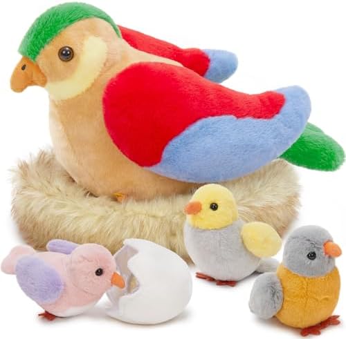MorisMos Bird Stuffed Animals with Baby Birds, Eggs and Nest, Colorful