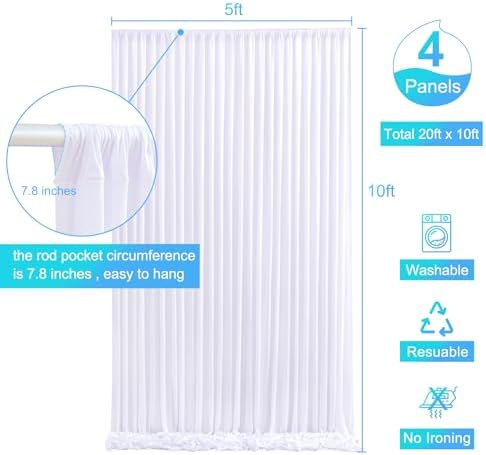 4 Panels White Backdrop Curtain for Parties Wedding Wrinkle Free White Photo Curtains Backdrop Drapes Fabric Decoration for Baby Shower 20ft(W) x 10ft(H)