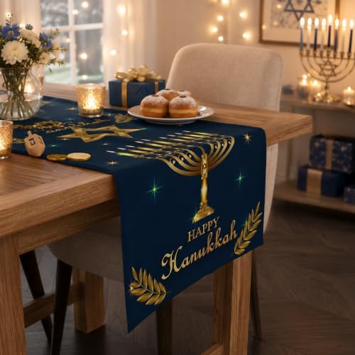 Hanukkah Decorations - Navy Blue Gold Hanukkah Table Runner