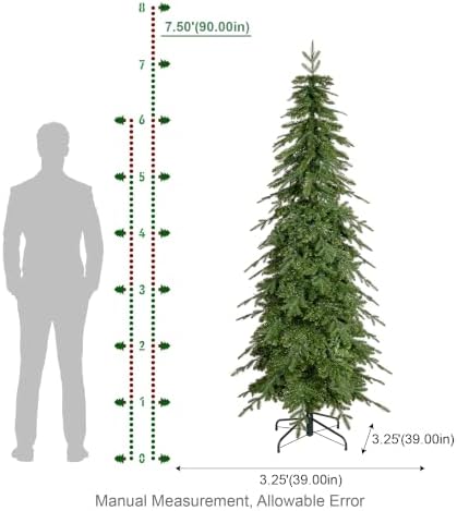 Glitzhome Prelit Christmas Tree, 7.5ft Pencil Artificial Christmas Tree with 350 Warm White & Multi-Color LED Lights, Chicago Evergreen Spruce with 1,498 PE/PVC Tips for Home Holiday Décor