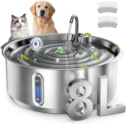 Invengo 8L/270oz Quiet Stainless Steel Dog Water Fountain, 2 Filters