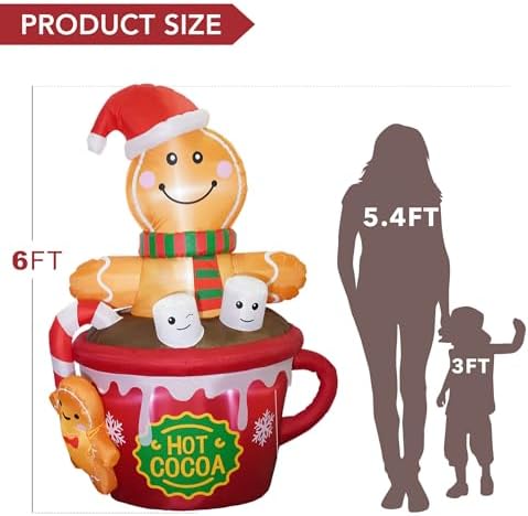 ZPISF 6 FT Christmas Inflatables Outdoor Decorations, Cute Christmas Blow Up Yard Decorations Gingerbread Man in Hot Cocoa Mug Scene for Garden Lawn Xmas Decor