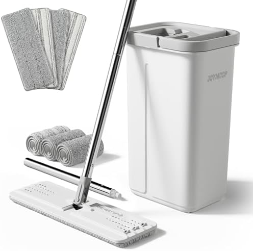 JOYMOOP Mop and Bucket with Wringer Set with 61" Mop Handle with Flexible 13" Flat Head with 7pcs Microfiber Mop Pads - White