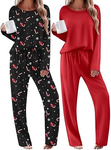 Ekouaer 2 Pack Womens Pajama Sets Long Sleeve Long Pants Pjs Loungewear