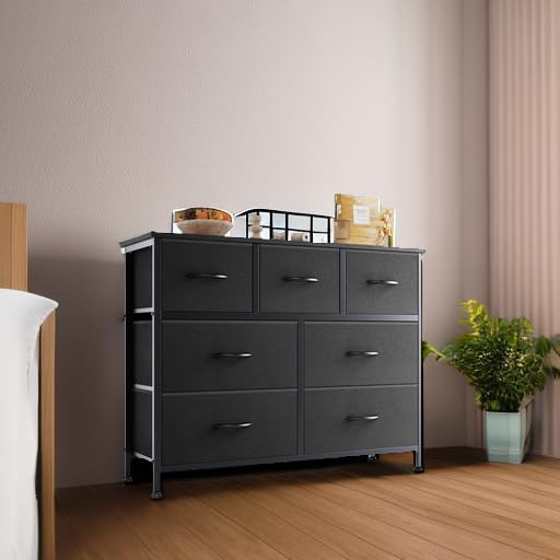 OLIXIS Dresser for Bedroom with 7 Fabric Drawers Storage Organizer Closet Chest Clothes Cabinet Vertical Dresser for Living Room Entryway Hallway,Black