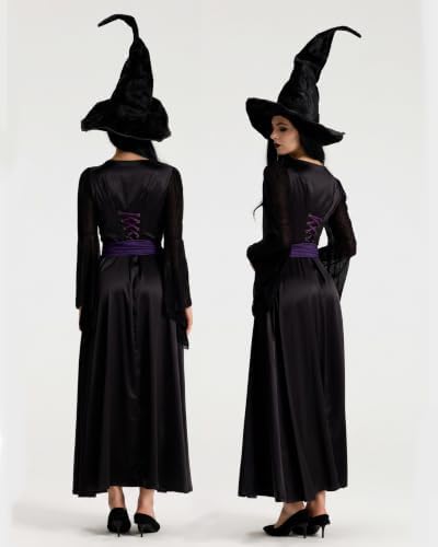 Women’s Witch Costume, Halloween Dress Outfit with Witch Hat and Belt S-2XL