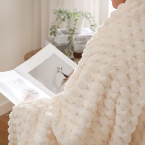 Puncuntex Cream White Throw Blanket 90"×90" Fuzzy 3D Jacquard Decorative