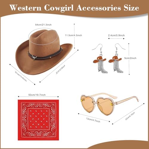 Cowgirl Outfits for Girls Kids 6 Pcs Western Costume Accessories Cowboy Hat Fringe Vest Earring for Halloween Party