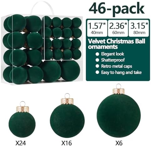 Dark Green Velvet Christmas Ball Ornaments-46pcs Flocked Tree Decorations