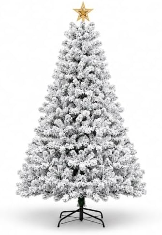 XtremepowerUS 6.5FT Pre-Lit Snow Flocked Artificial Christmas Tree with Warm White Lights, Snowy PVC Branch Tips & Gold Star Topper, Green & White Holiday Christmas Tree
