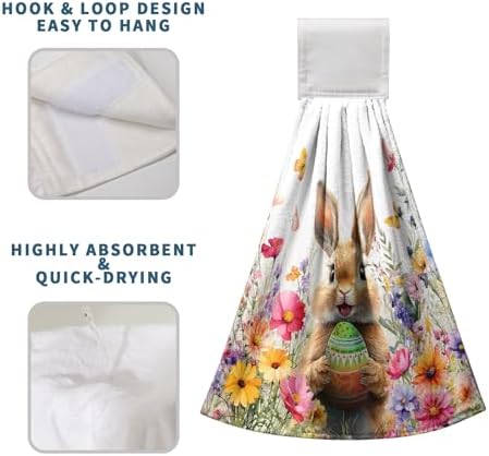 Spring Easter Hanging Kitchen Towels Easter Bunny Rabbit Eggs Flowers Hand Towel with Hanging Loop Watercolor Floral Rabbits Dish Tie Towels Super Absorbent Soft Fast Drying Bath Towel for Bathroom