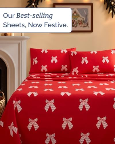 Christmas Sheet Set, Red Ribbon Bows, Holiday Xmas Bedding Set - Full Size