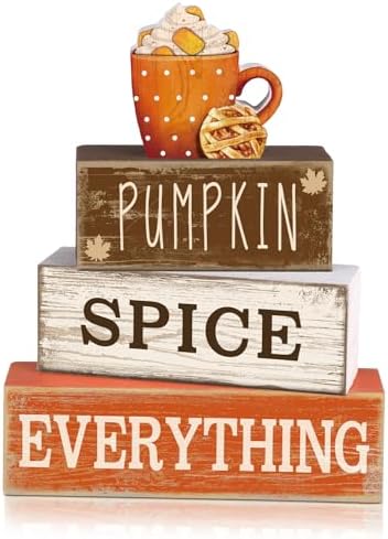 Moucuny 4 Pcs Fall Coffee Table Decor, Wooden Hot Cocoa Cup Block Sign