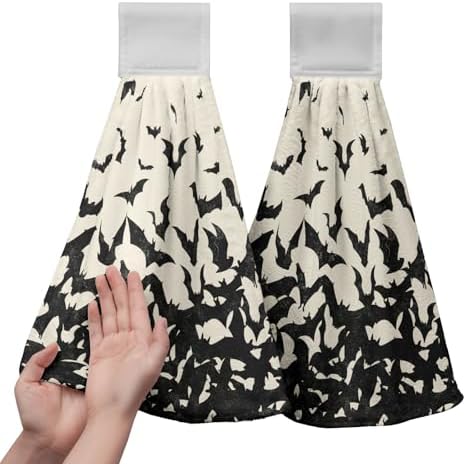 2 Pcs Halloween Black Bats Hanging Kitchen Towels Hand Towel with Hanging Loop Holiday Dish Tie Towel Soft Absorbent Fingertip Bath Towel for Bathroom Farmhouse Decor