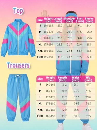 SOMSOC 80s Tracksuit for Men Women Halloween Costume Retro Windbreaker Set Neon 90s Outfit Couple Jogger Suit