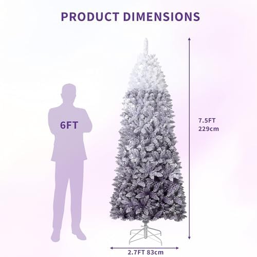 GarveeHome 7.5 ft Prelit Artificial Christmas Tree with RGB & Warm White Lights, Pre-Lit Snow Flocked Pencil Christmas Tree, Foldable Base,Holiday Decoration for Home, Office, Party,Purple Gradient