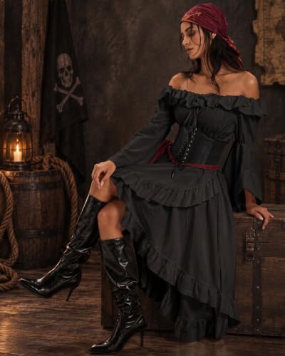 Pirate Costume Women, Renaissance Dress with Corset Belt, 4-Piece