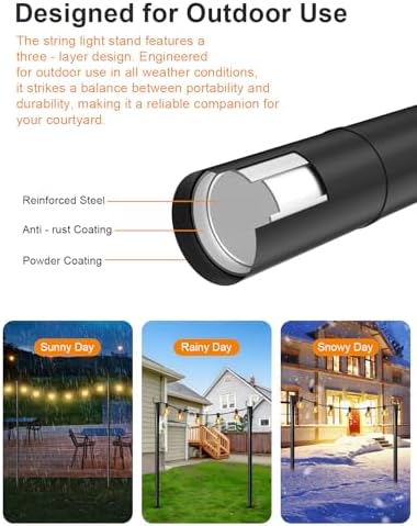 4 Pack String Light Poles for Outside, Adjustable Metal Patio Light Poles