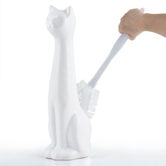 Allure Home Creation Cat 3-Piece White Ceramic Toilet Brush Holder w/White Plastic Handled Scrub Brush & Soap Dispenser
