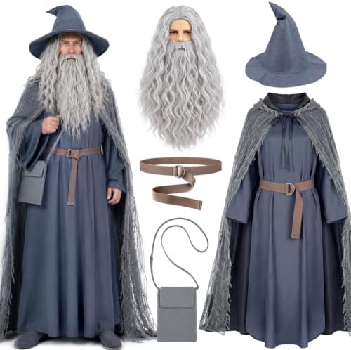 Grey Wizard Costume Set, Medieval Old Mage Fancy Dress Outfit with Hooded Cape, Long Robe, Wizard Hat, Wig & Beard, Belt and Crossbody Bag, Halloween Cosplay Party Dress-up Supplies for Men