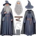 Grey Wizard Costume Set, Medieval Old Mage Fancy Dress Outfit with Hooded Cape, Long Robe, Wizard Hat, Wig & Beard, Belt and Crossbody Bag, Halloween Cosplay Party Dress-up Supplies for Men