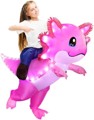 Stegosaurus Inflatable Axolotl Costume for Kids with LED Lights, Ride-On Blow Up Halloween Cosplay Outfit for Girls and Boys