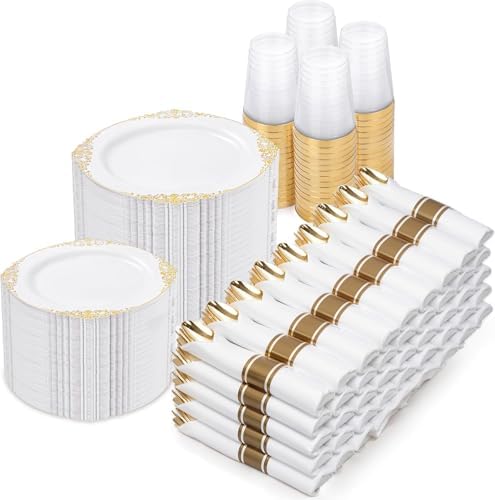 Nervure 700Pcs Gold Plastic Plates, Plastic Dinnerware Set for 100 Guests