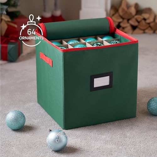 Joiedomi Christmas Ornament Storage Box with Adjustable Divider & Dual Zipper - Christmas Storage Container Store Up to 64 Holiday Ornaments 3 Inch - Holiday Decoration Organizer Two Handles Green