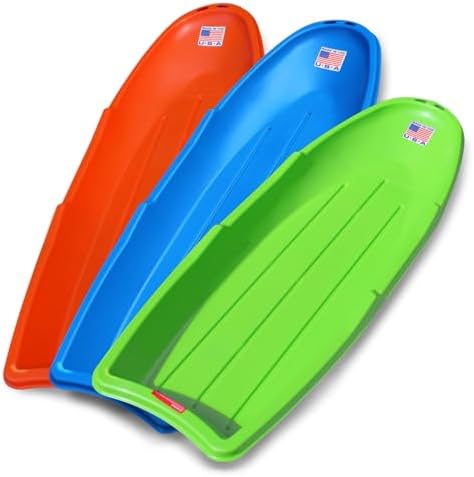 Flexible Flyer Winter Lightning Snow Sleds for Kids and Adults (3-Pack) - 48 Inch Toboggan Style Plastic Sled with Hard Bottom for Fast, Smooth Rides - 1 or 2 Riders (Blue, Green, Orange)